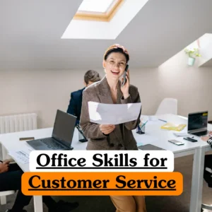 Theoretical office administration and professional communication training banner featuring a female receptionist or office assistant smiling in a modern corporate lobby.