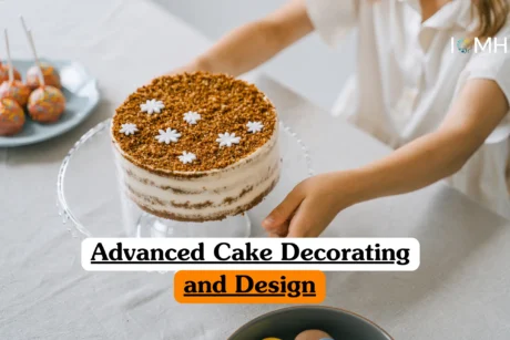 Theoretical pastry arts and professional sugarcraft training banner featuring a skilled pastry chef meticulously decorating a multi-tiered white cake.