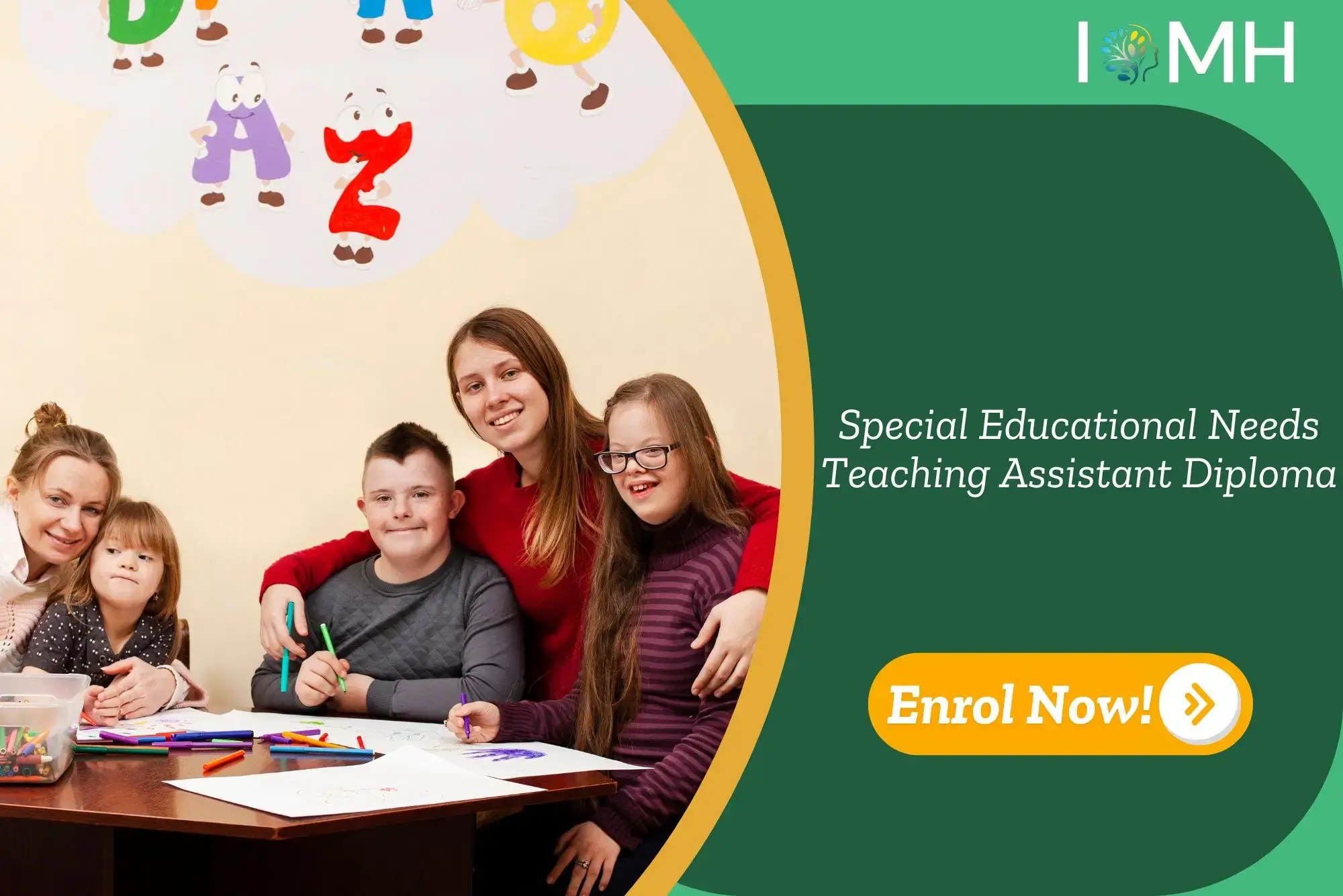 Group of children and adults learning together; banner promotes Special Educational Needs Teaching Assistant course.