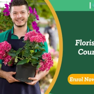 Individual crafting bouquet with pink blooms in studio setting; promotional banner highlights UK-based “Floristry Course” by IOMH.