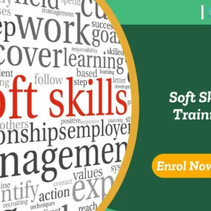 Circular word cloud promoting soft skills training.