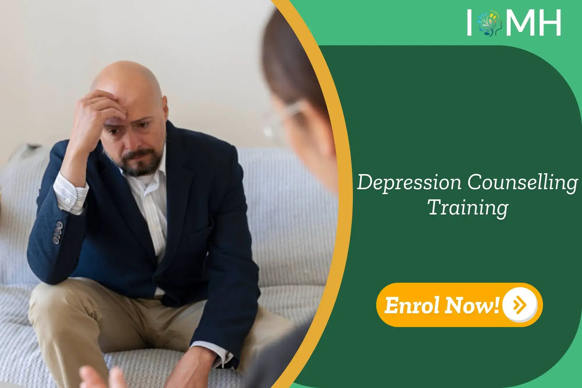 Man in counselling session shows emotional distress; banner promotes Depression Counselling Training.