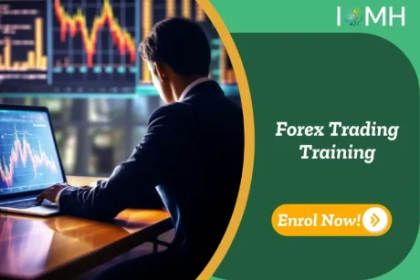 Professional analysing Forex charts; banner promotes IOMH Forex Trading Training course.