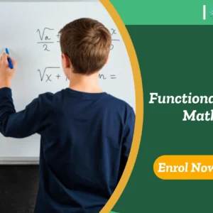 Learner solving maths problems on whiteboard; banner promotes Functional Skills Maths course.