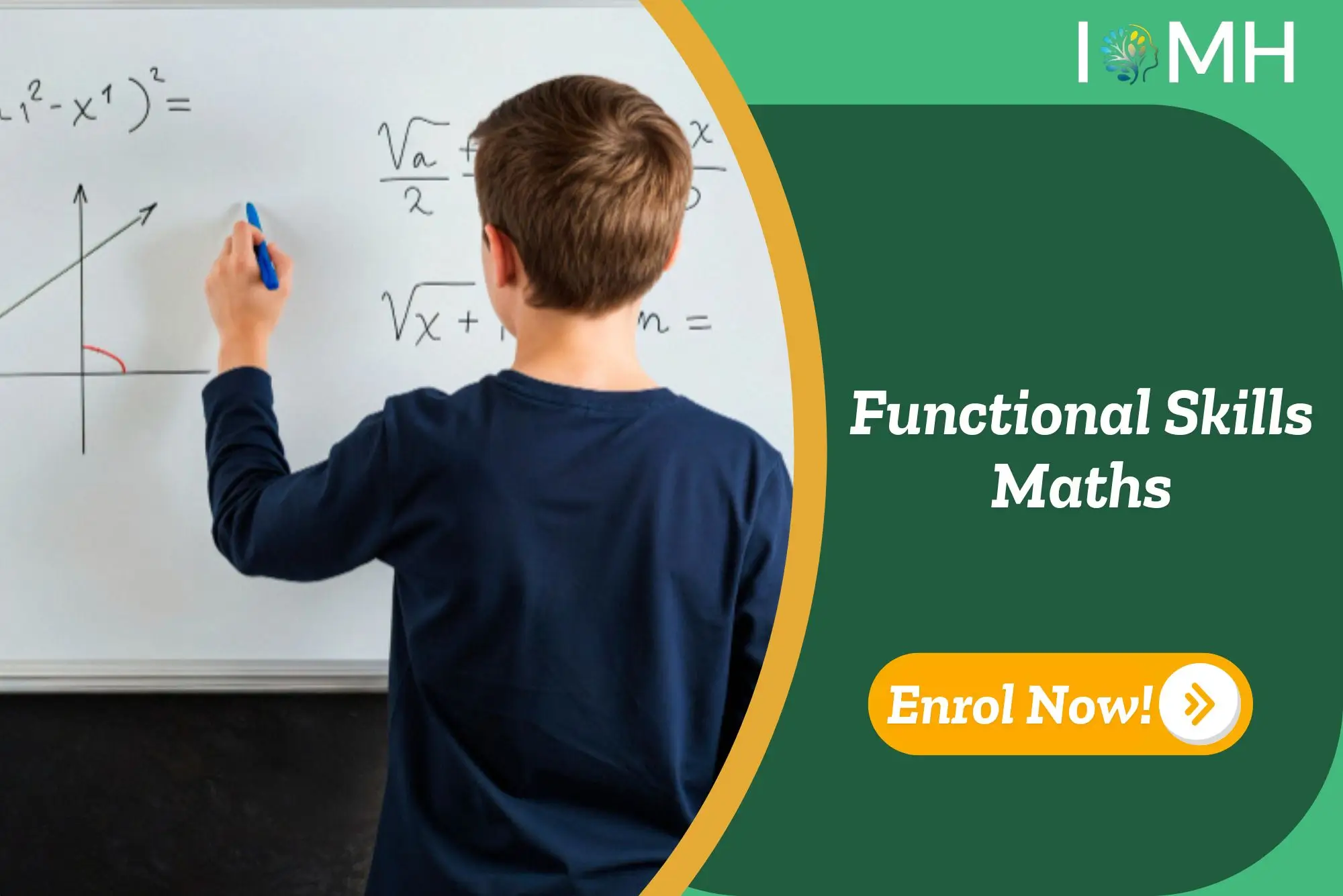 Learner solving maths problems on whiteboard; banner promotes Functional Skills Maths course.