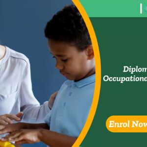 Occupational therapist working with young child in clinical setting; promotional banner features UK-based “Diploma in Occupational Therapy” by IOMH.