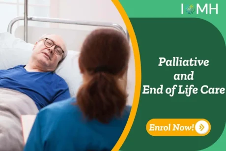 Carer speaking with patient in hospital bed; banner promotes Palliative and End of Life Care course.