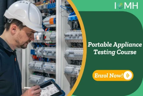 Electrician inspects circuit panel with tablet; banner promotes Portable Appliance Testing PAT Test Course.