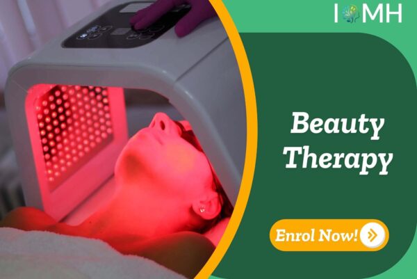 Client undergoing advanced red light facial therapy; promotional graphic highlights UK-based Beauty Therapy training.