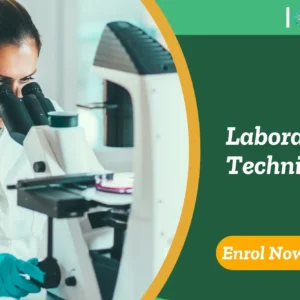 Laboratory professional conducts analysis using microscope; promotional banner highlights UK-based Laboratory Technician training by IOMH.