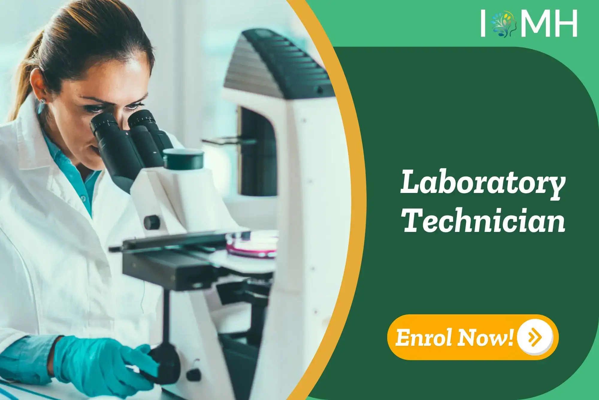 Laboratory professional conducts analysis using microscope; promotional banner highlights UK-based Laboratory Technician training by IOMH.