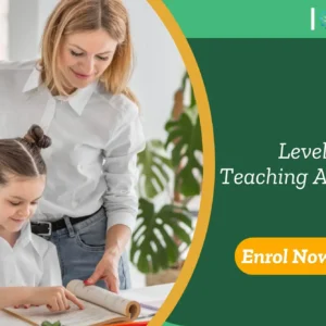 Teaching assistant guides child through a workbook in a bright, nurturing setting; banner promotes Level 3 Teaching Assistant course.