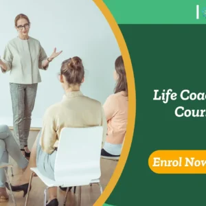 Life coach leads interactive workshop with a small group of participants; promotional banner invites enrolment in Life Coaching Course.