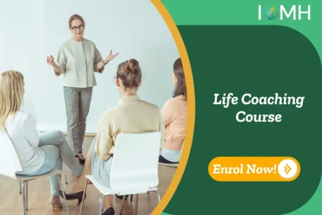 Life coach leads interactive workshop with a small group of participants; promotional banner invites enrolment in Life Coaching Course.
