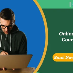 Man types on laptop; banner promotes IOMH online IT course.