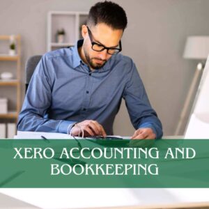 Xero Accounting and Bookkeeping course banner with professional using calculator and documents at office desk with green banner text.