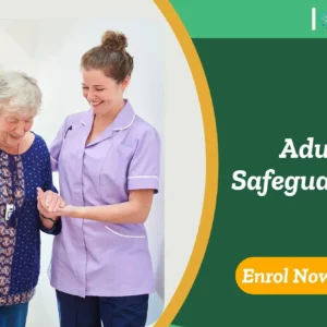Caregiver provides emotional and physical support to elderly individual; promotional banner highlights UK-based Adult Safeguarding training by IOMH.