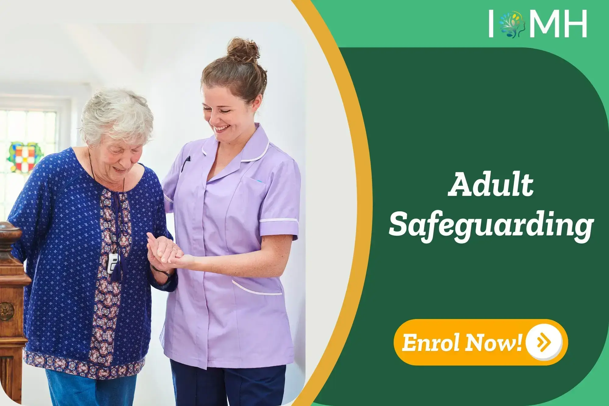 Caregiver provides emotional and physical support to elderly individual; promotional banner highlights UK-based Adult Safeguarding training by IOMH.