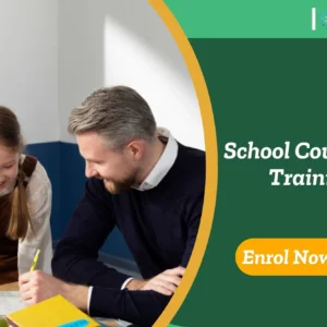 Educator supports students in classroom activity; promotional banner highlights UK-based School Counsellor Training programme.