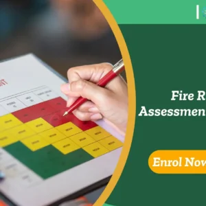 Hand points to fire risk chart; banner promotes fire risk assessment course.