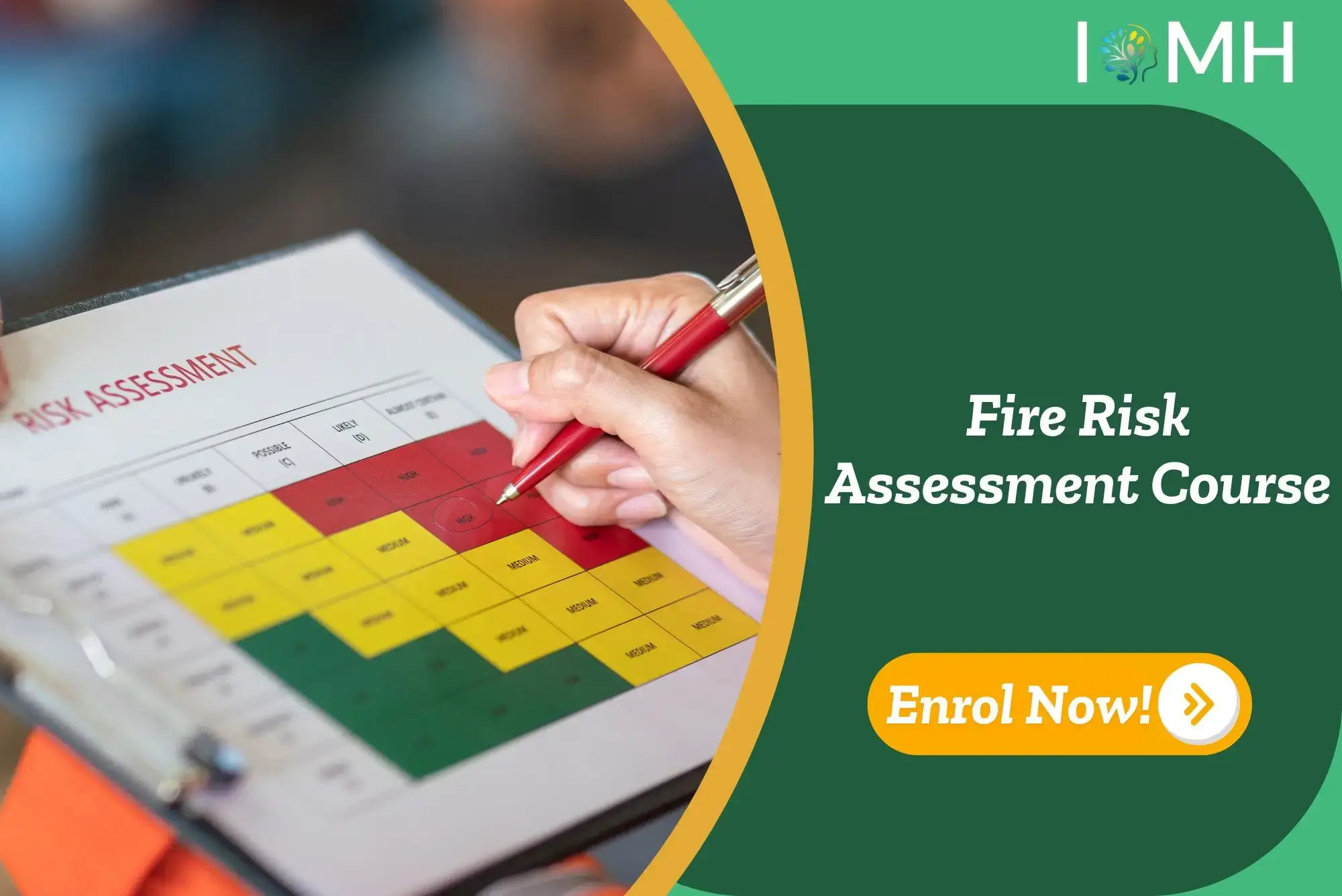 Hand points to fire risk chart; banner promotes fire risk assessment course.