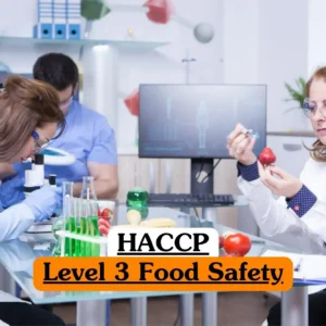HACCP Level 3 Food Safety course banner with laboratory team in lab coats testing strawberries using microscope dropper and scientific equipment.