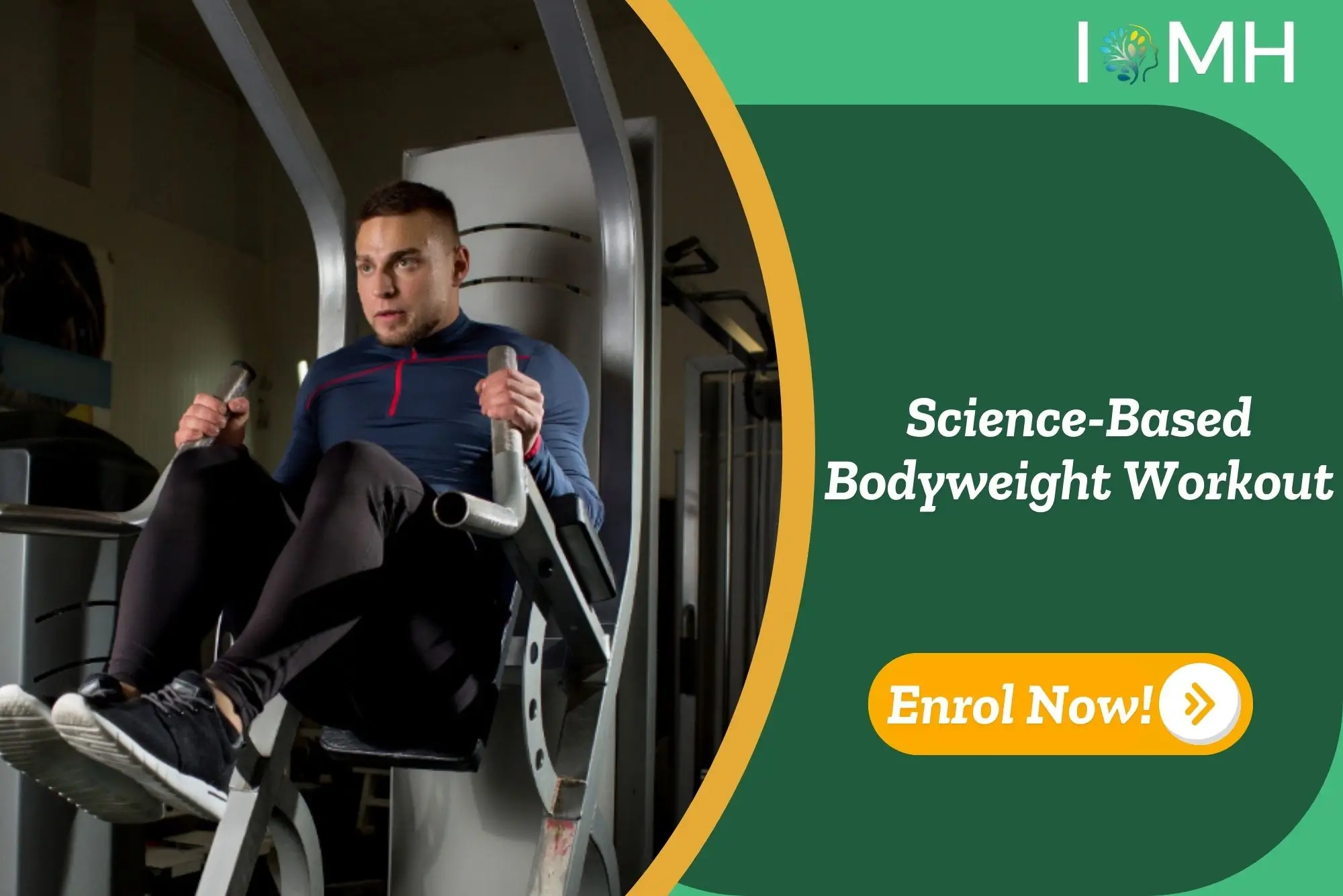 Man performs knee raise on gym station; banner promotes Science-Based Bodyweight Workout course.