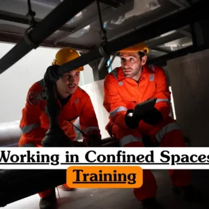 Working in Confined Spaces Training course banner with two workers in orange safety uniforms and yellow hard hats inspecting industrial pipes in enclosed hazardous environment.