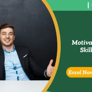 Confident man gestures during discussion; banner promotes IOMH motivation skills course.