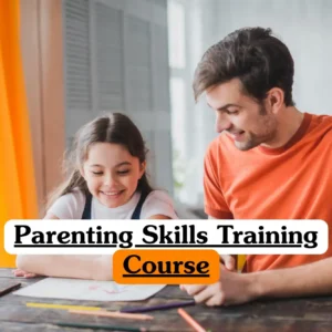 Parenting Skills Training Course banner with adult and child drawing together at table with colored pencils.