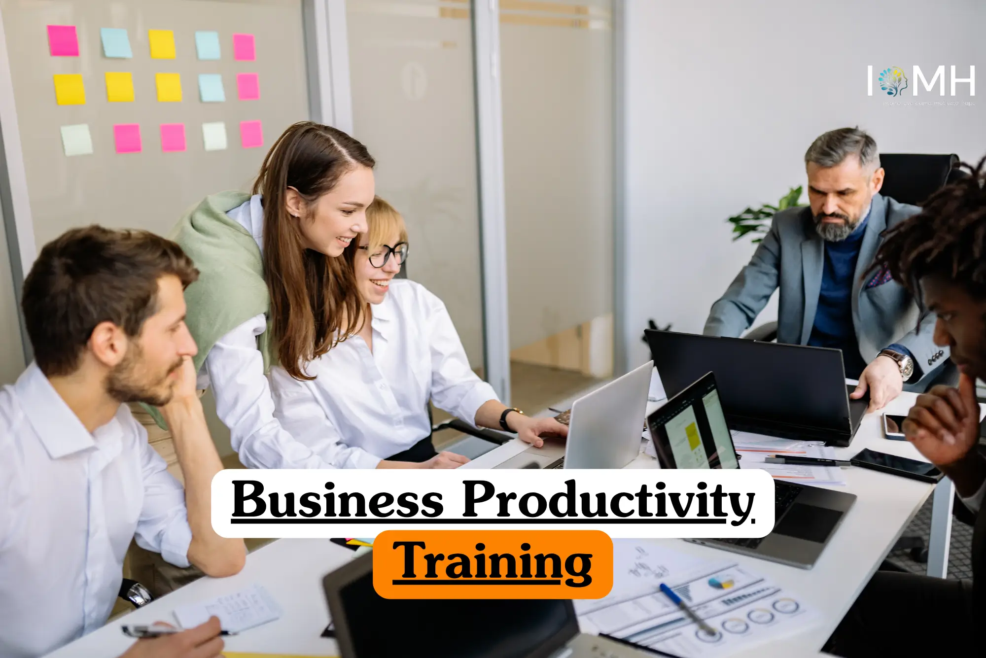 Theoretical business management and professional development training banner featuring a diverse team of corporate professionals collaborating in a high-tech conference room.