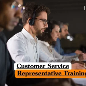 Customer Service Representative Training course banner with team wearing headsets working on laptops in call center.
