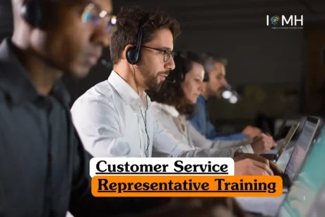 Customer Service Representative Training course banner with team wearing headsets working on laptops in call center.