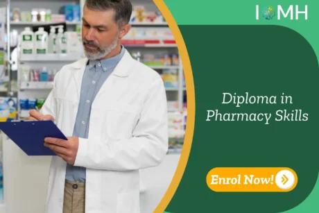 Pharmacy technician in clinical setting with stocked shelves; promotional banner highlights UK-based Diploma in Pharmacy Skills training by IOMH.