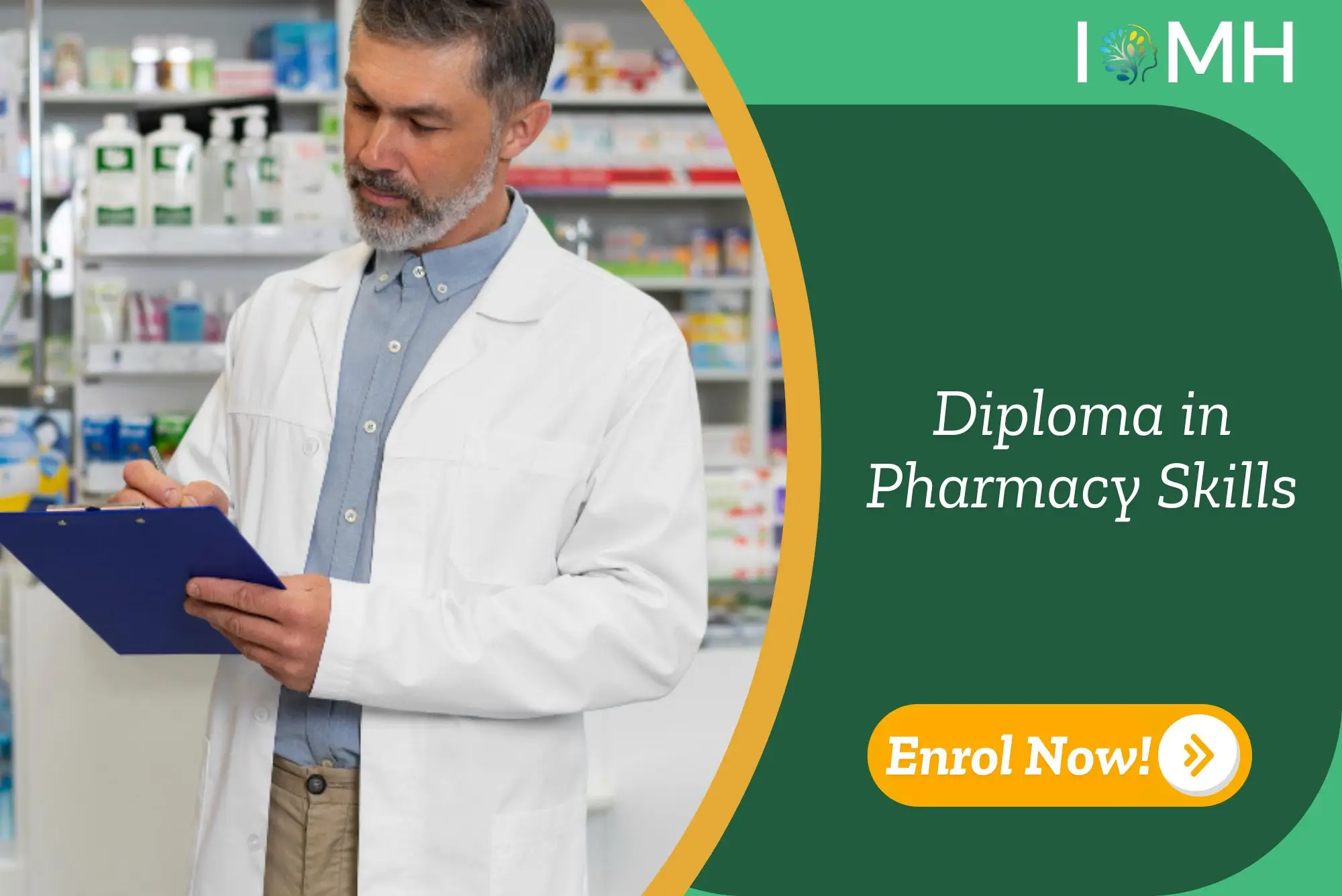 Pharmacy technician in clinical setting with stocked shelves; promotional banner highlights UK-based Diploma in Pharmacy Skills training by IOMH.