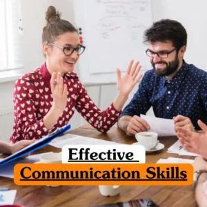 Effective Communication Skills course banner with team discussion around table with papers notebooks coffee.