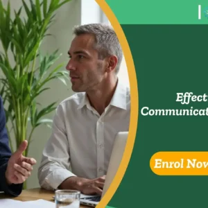Business professionals in discussion with laptop and documents; promotional banner highlights UK-based Effective Communication Skills training.
