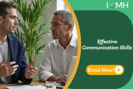 Business professionals in discussion with laptop and documents; promotional banner highlights UK-based Effective Communication Skills training.