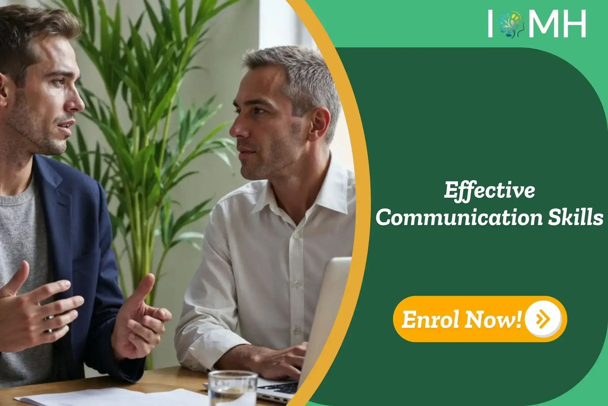Business professionals in discussion with laptop and documents; promotional banner highlights UK-based Effective Communication Skills training.