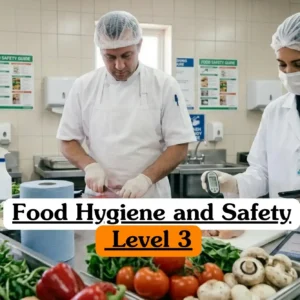 Food Hygiene and Safety Level 3 course banner with inspectors in lab coats hairnets gloves and masks checking food temperature and recording data.