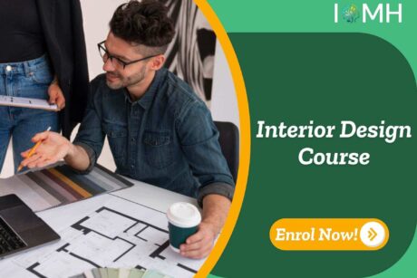 Interior Design Course banner with person in denim shirt working on floor plans and colour swatches at desk with enrol now.