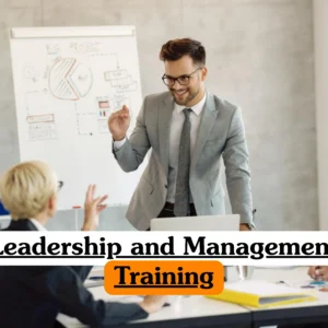 Leadership and Management Training course banner with professional leading team discussion in modern office with whiteboard diagrams and colleagues listening attentively.