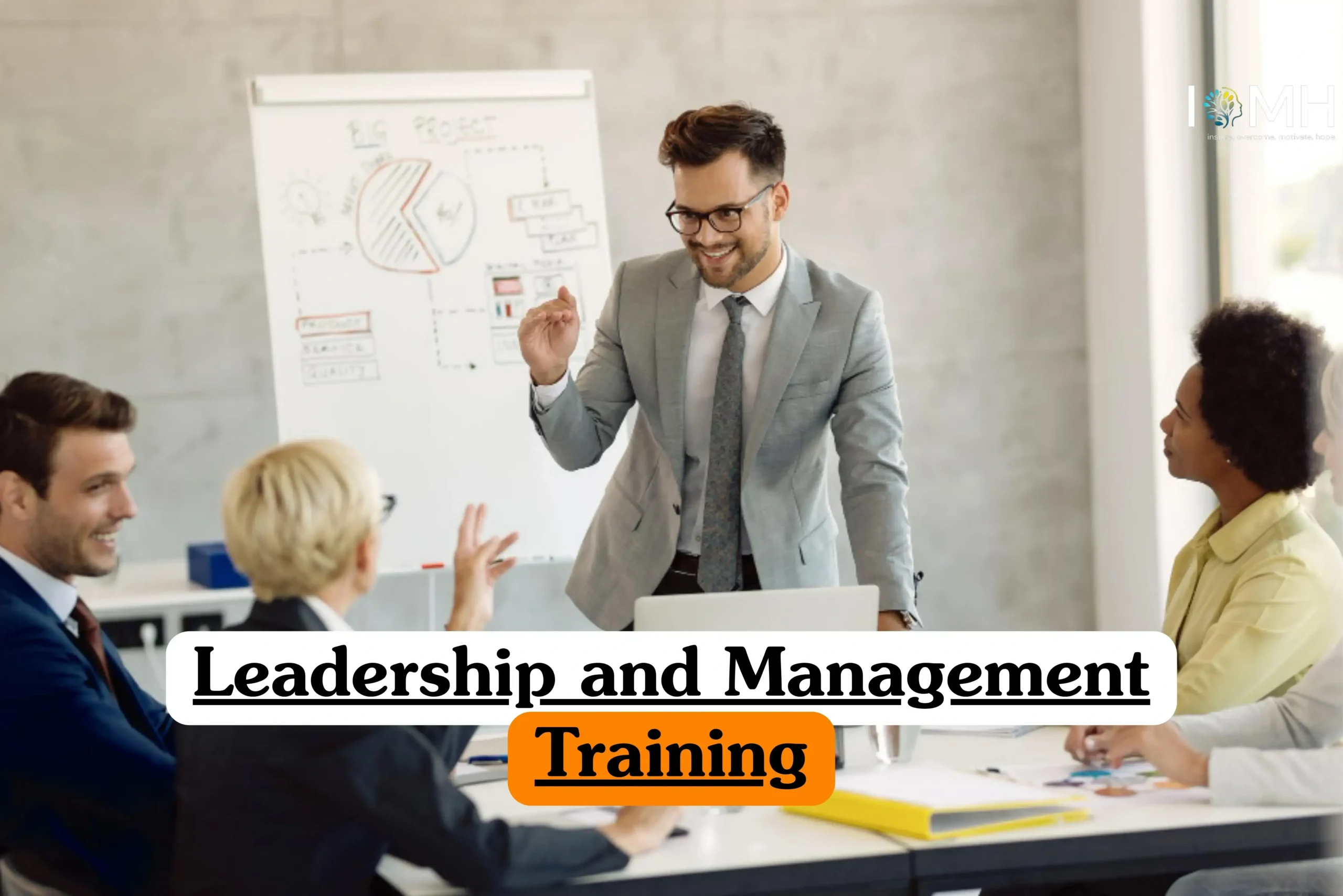 Leadership and Management Training course banner with professional leading team discussion in modern office with whiteboard diagrams and colleagues listening attentively.