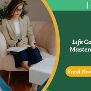 Life coach or participant writes in notebook during a coaching session in a comfortable, professional space.