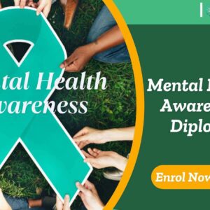 Mental Health Awareness Diploma banner with diverse hands holding green ribbon on grass background and enrol now call-to-action with IOMH logo