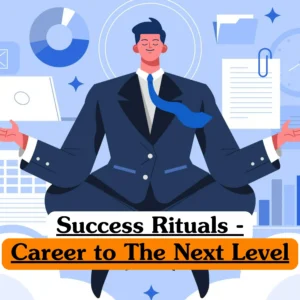 Success Rituals Career to The Next Level course banner with illustrated business professional meditating cross legged surrounded by laptop charts clock documents and bar graphs on light blue background with abstract clouds.