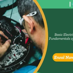 The technician repairs the circuit board; a banner promotes Basic Electricity and the Fundamentals of DC Circuit course.