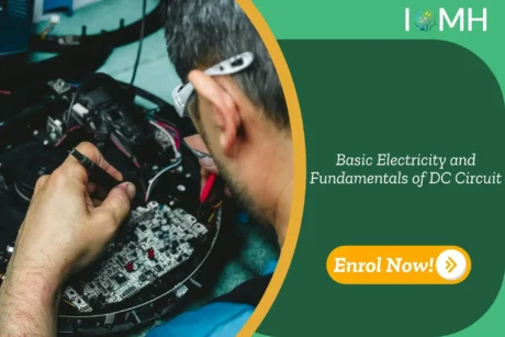 The technician repairs the circuit board; a banner promotes Basic Electricity and the Fundamentals of DC Circuit course.