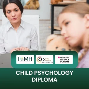 Child Psychology Diploma banner with counselor listening to young girl holding teddy bear in therapy setting and CPD accreditation logos.