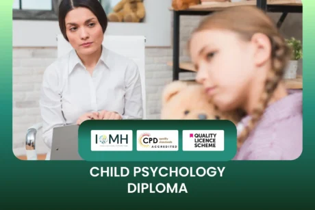 Child Psychology Diploma banner with counselor listening to young girl holding teddy bear in therapy setting and CPD accreditation logos.